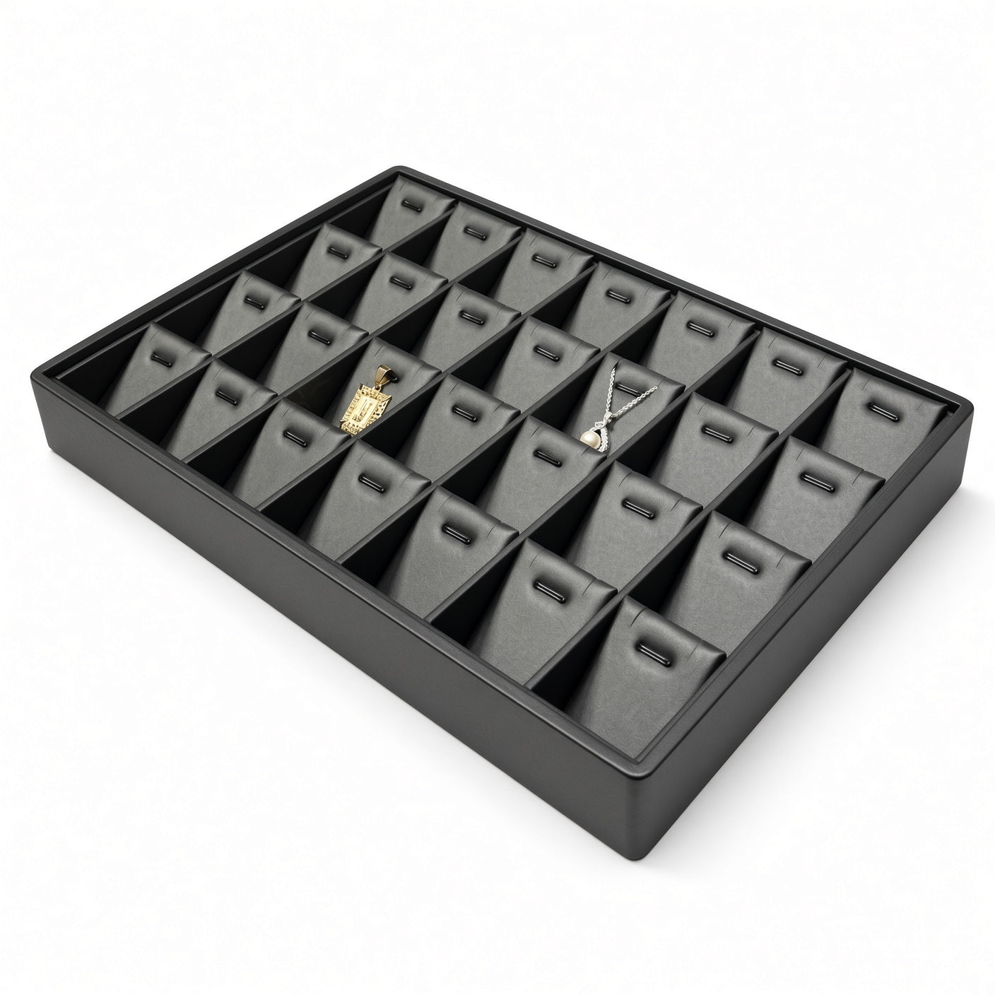 Black 28-slot pendant necklace display tray, angled view
