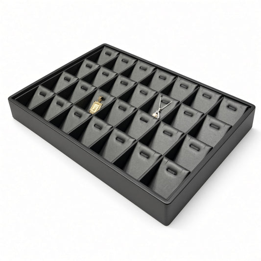 Black 28-slot pendant necklace display tray, angled view
