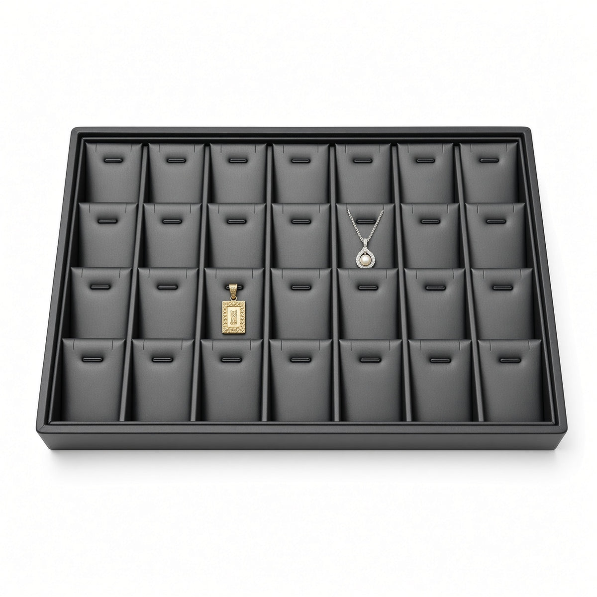 Black 28-slot pendant necklace display tray, front view