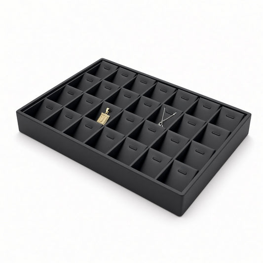 Black 28-slot pendant necklace display tray with jewelry angled view