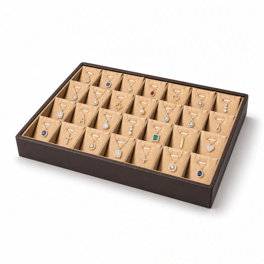 Champagne gold 28-slot pendant necklace display tray filled with jewelry, angled view