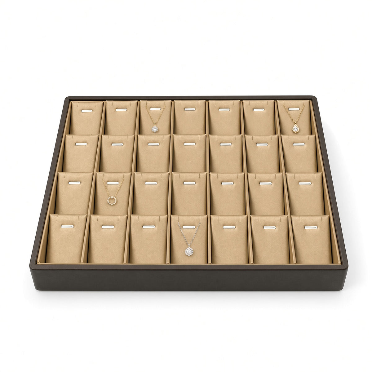 Champagne gold 28-slot pendant necklace display tray, front view