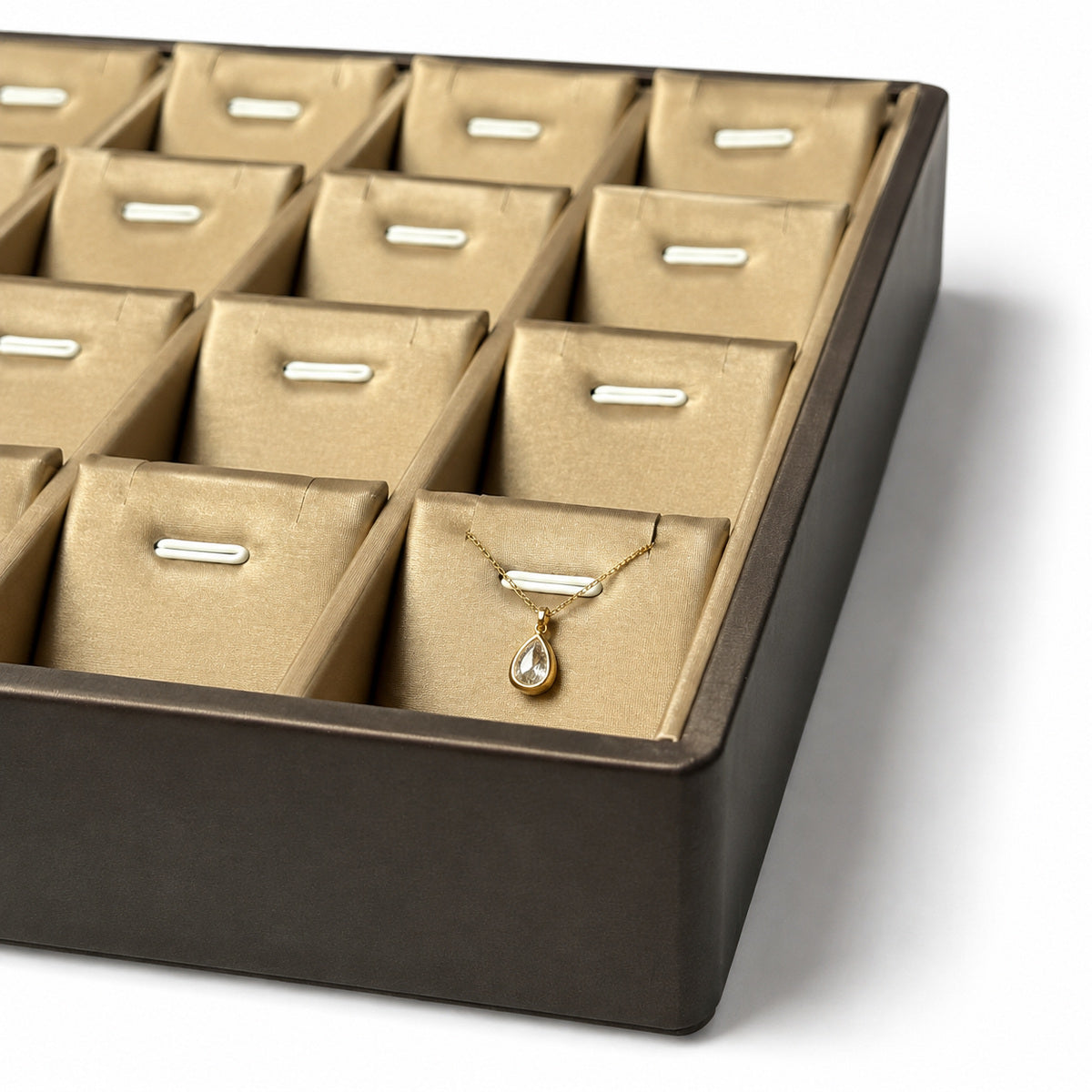 Champagne gold pendant necklace display tray, material detail