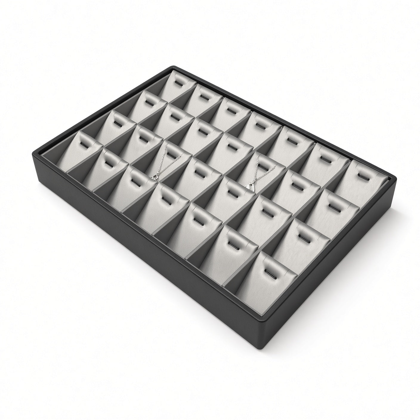 Silver gray 28-slot pendant necklace display tray, angled view