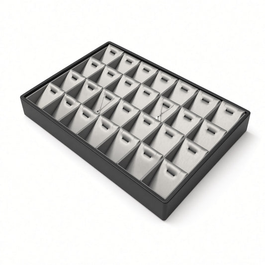 Silver gray 28-slot pendant necklace display tray, angled view