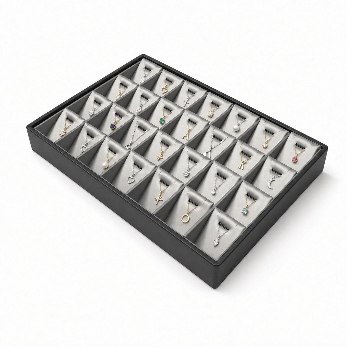 Silver gray 28-slot pendant necklace display tray filled with jewelry, angled view
