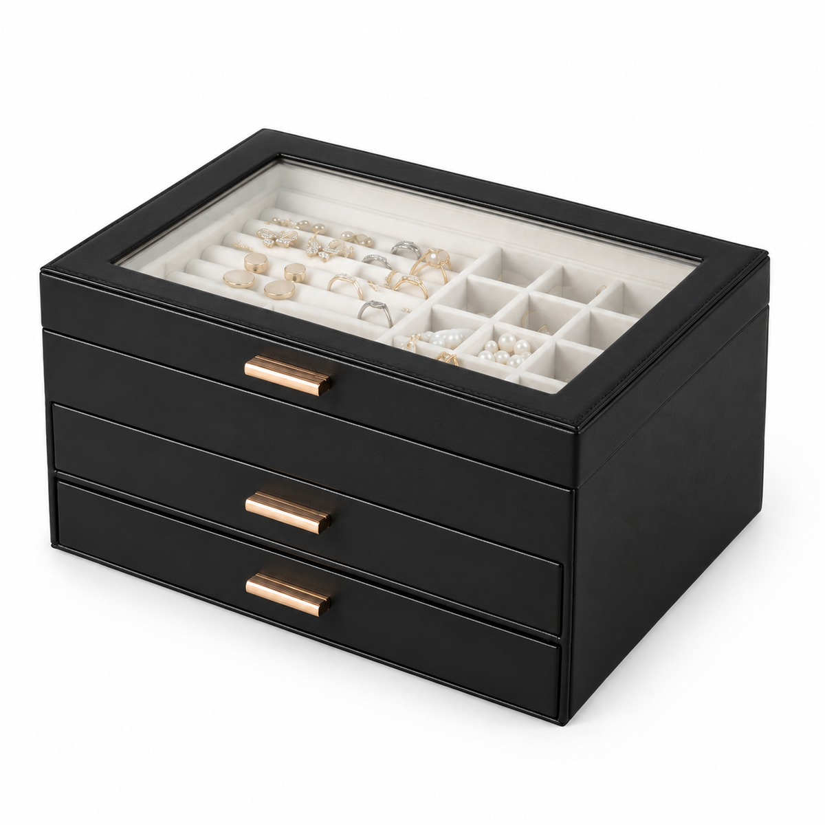 Black three-layer jewelry storage box with clear closed lid and cream fabric lining