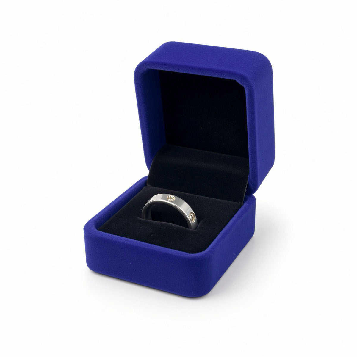 V37R-B blue velvet ring jewelry box open with ring and visible black interior details