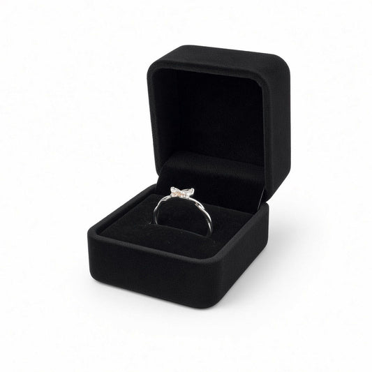 V37R-BK black velvet ring jewelry box open with ring and visible black interior details