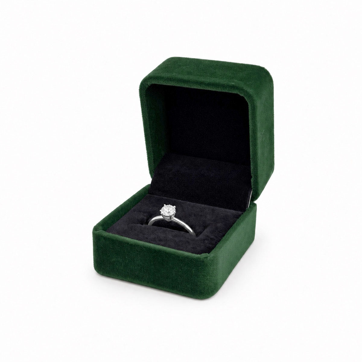 V37R-G green velvet ring jewelry box open with engagement ring and visible black interior details