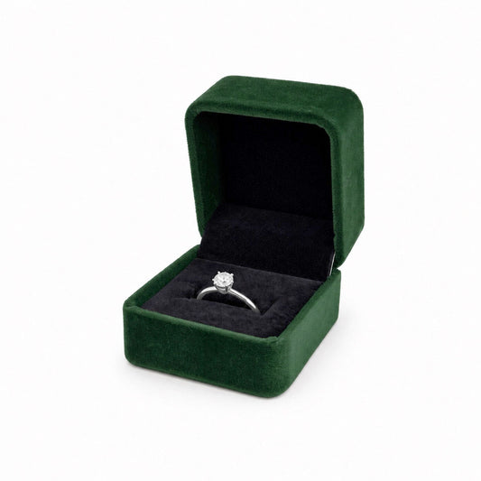 V37R-G green velvet ring jewelry box open with engagement ring and visible black interior details