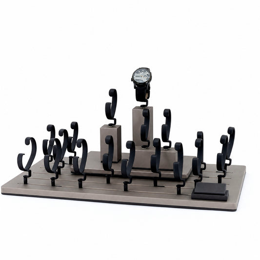 watch display - Custom Black Gray Tiered Watch Display Rack CWD007 front view