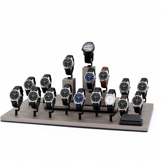 watch display - Custom Black Gray Tiered Watch Display Rack CWD007 open view