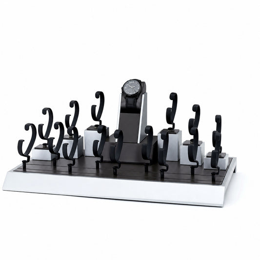 watch display - Custom Black White Tiered Watch Holder Set CWD024 front view