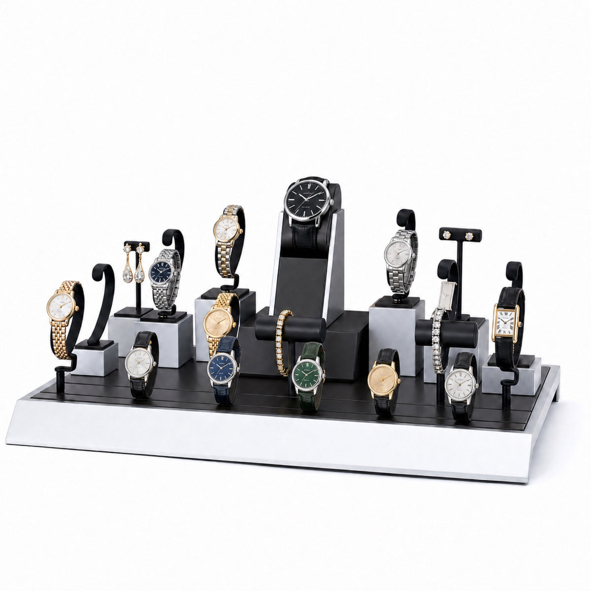 watch display - Custom Black White Tiered Watch Holder Set CWD024 open view