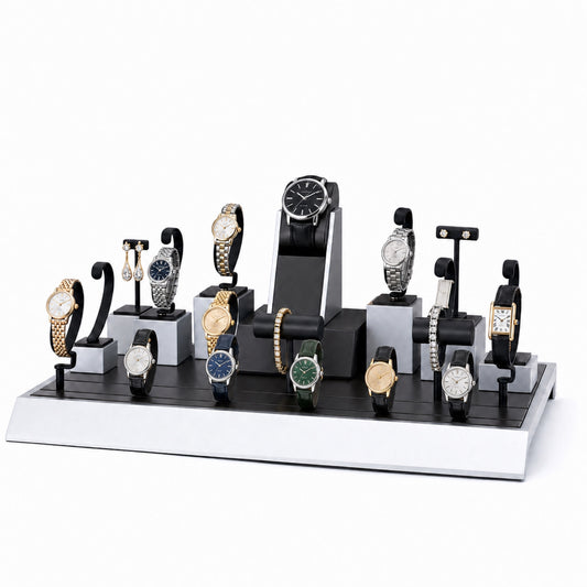 watch display - Custom Black White Tiered Watch Holder Set CWD024 open view