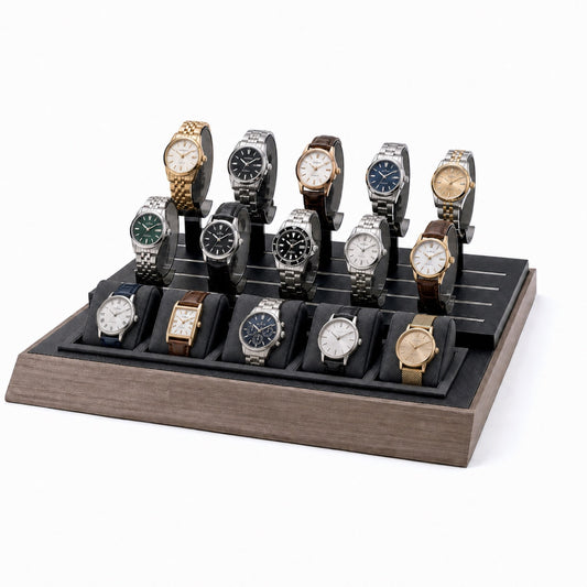 watch display - Custom Charcoal Wood Watch Holder Display Set CWD030 open view