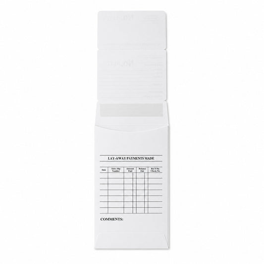 White repair and layaway envelope with payment record and storage pocket, back view