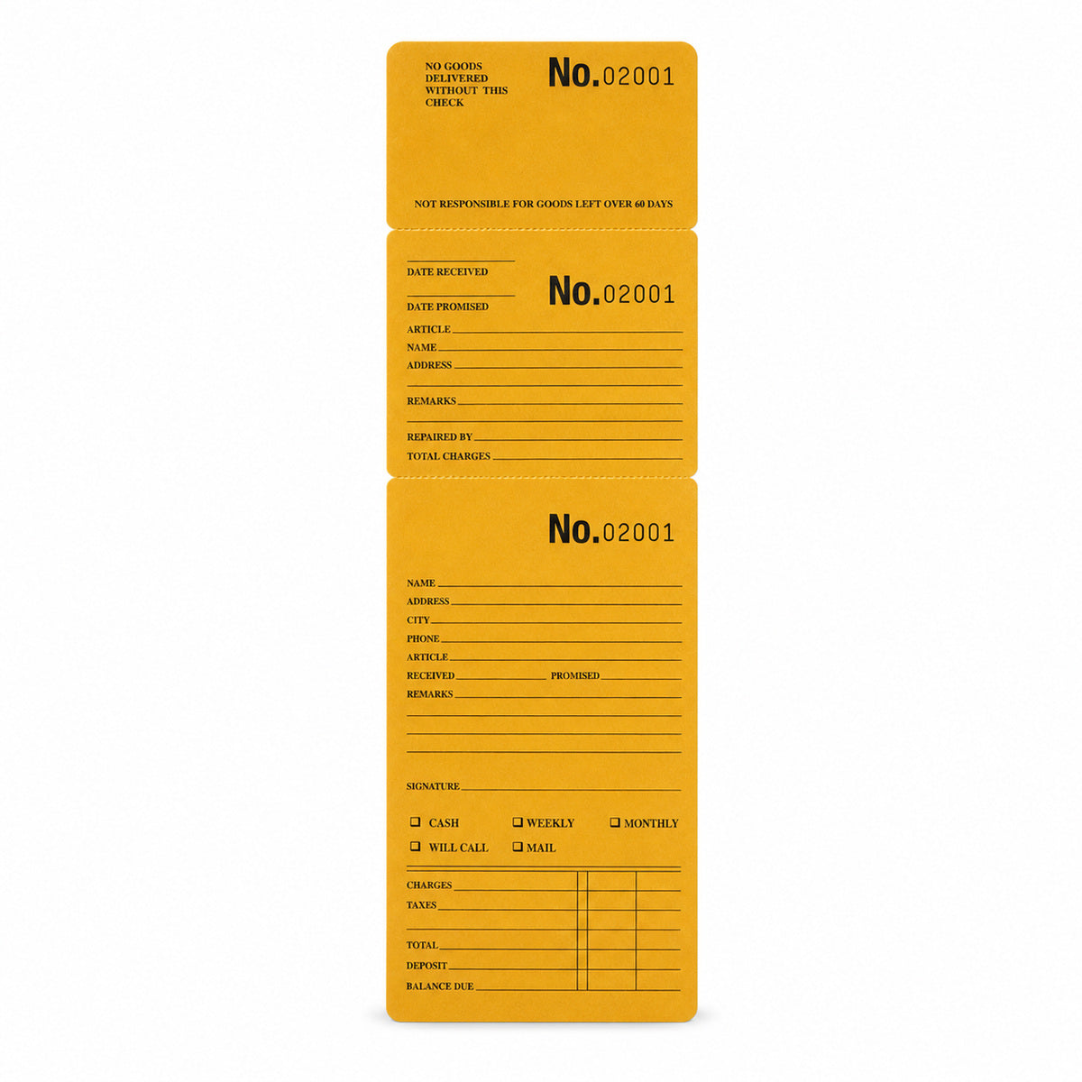 Yellow repair and layaway envelope with numbered claim checks, front view