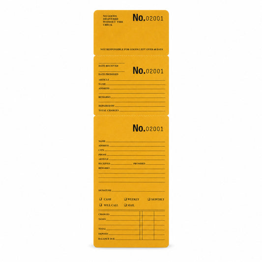 Yellow repair and layaway envelope with numbered claim checks, front view